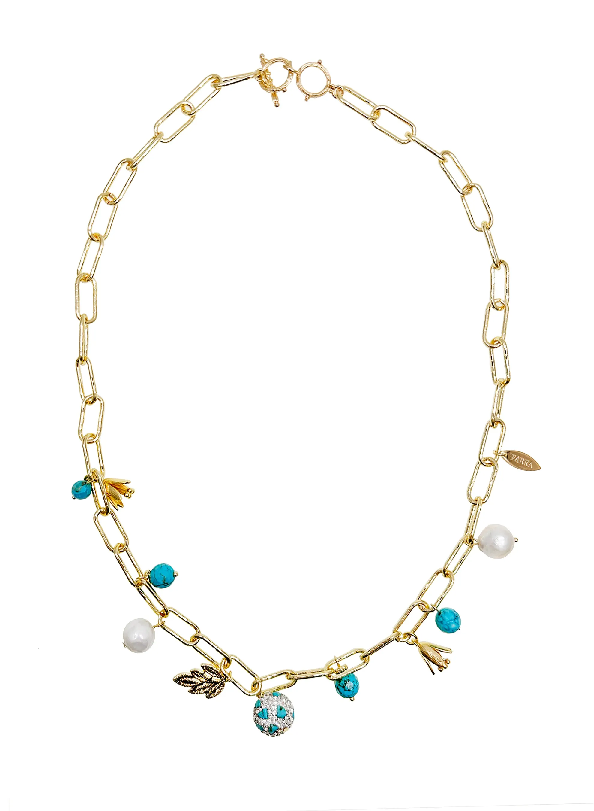 Gold Chain with Turquoise and Pearls Necklace JN053