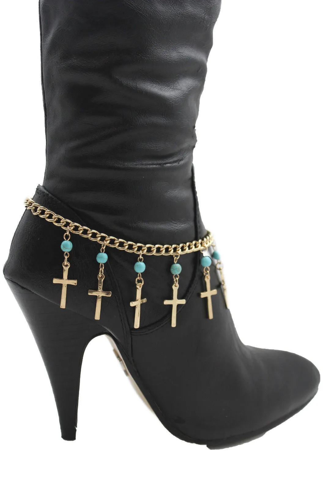 Gold Metal Turquoise Blue Crosses Anklet Shoe Charm Boot Chains Bracelet