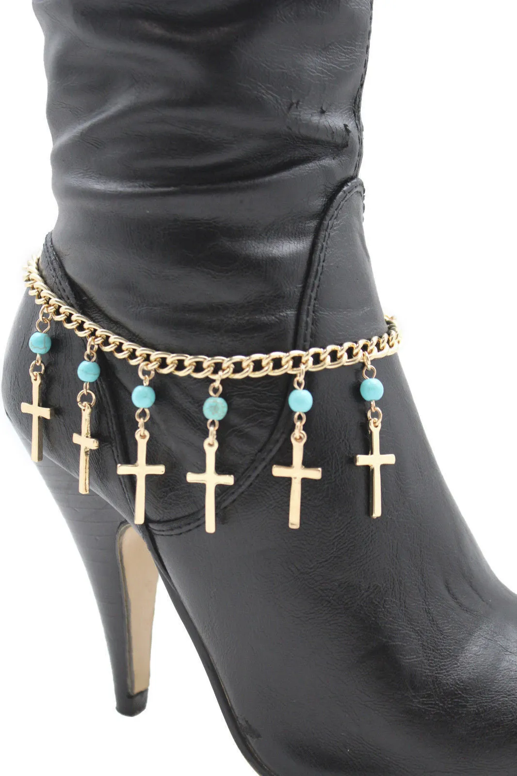 Gold Metal Turquoise Blue Crosses Anklet Shoe Charm Boot Chains Bracelet