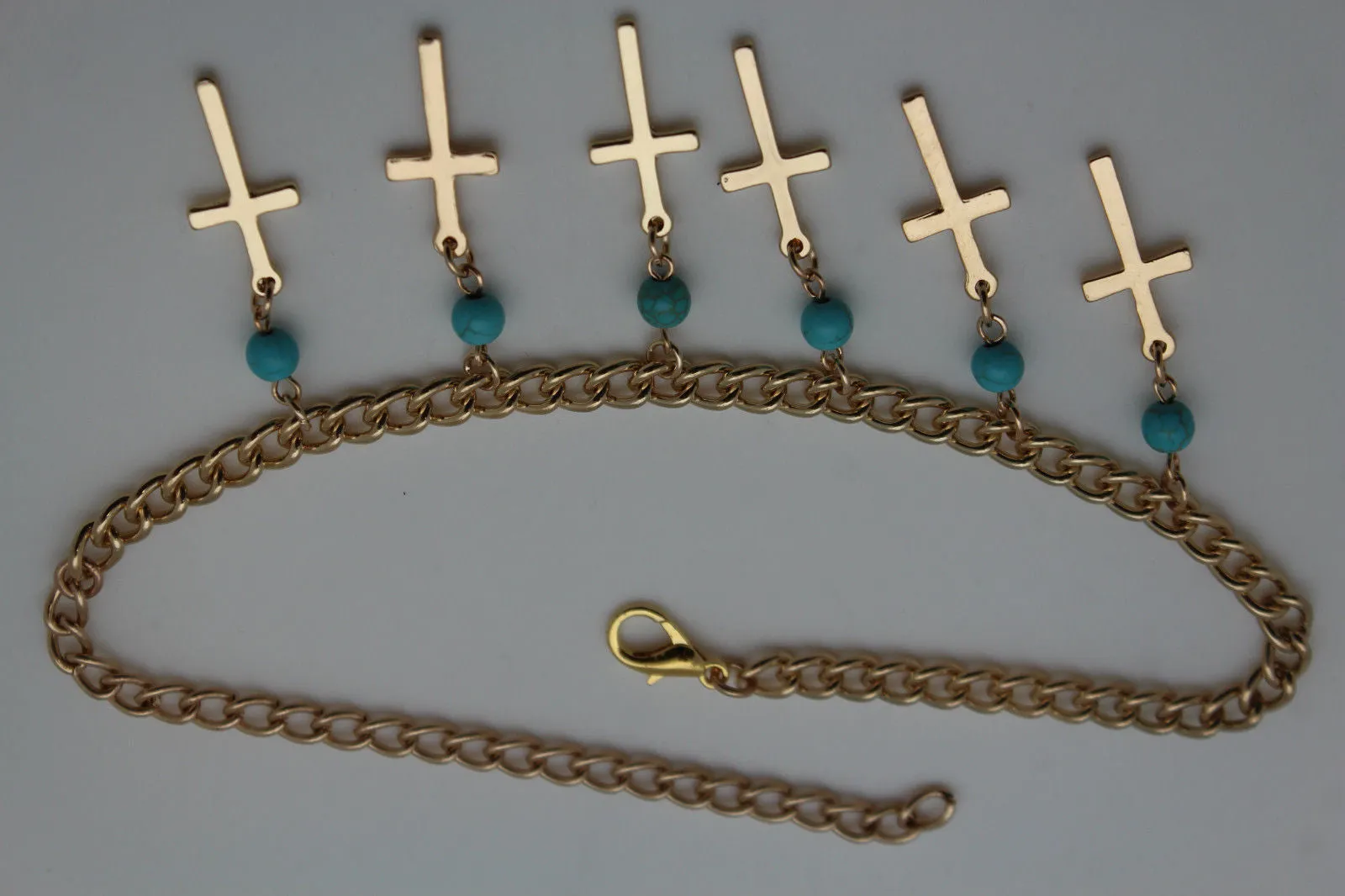 Gold Metal Turquoise Blue Crosses Anklet Shoe Charm Boot Chains Bracelet