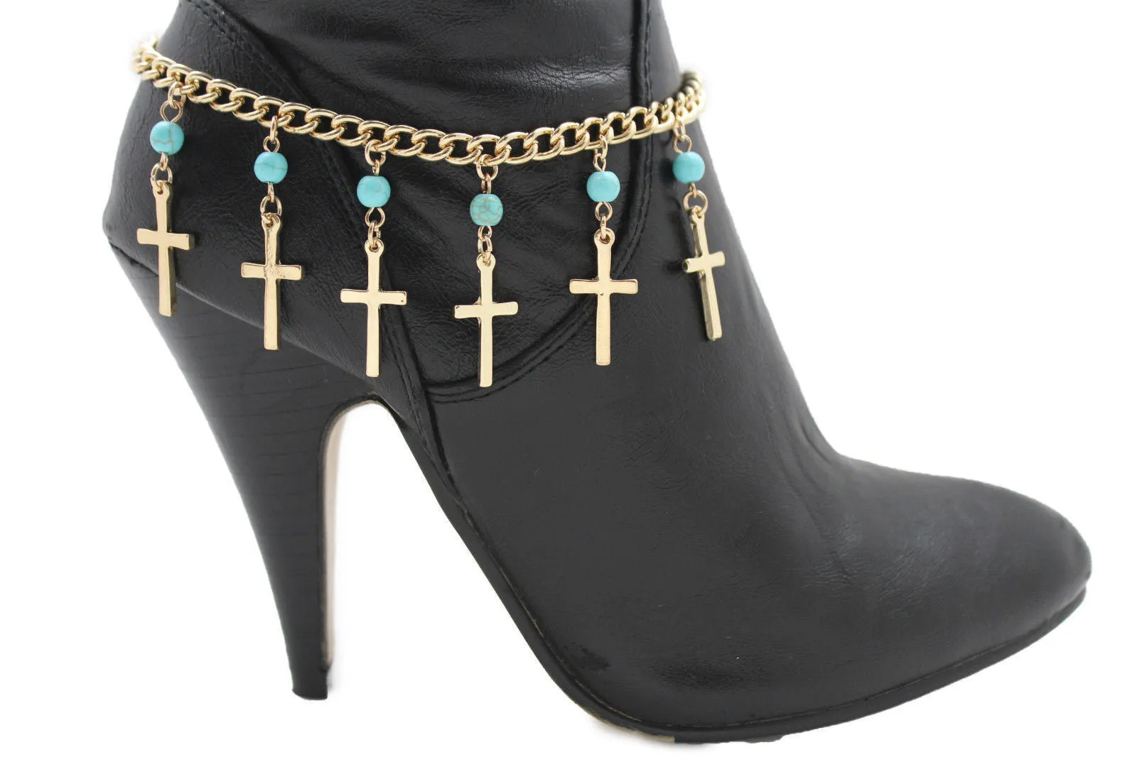 Gold Metal Turquoise Blue Crosses Anklet Shoe Charm Boot Chains Bracelet