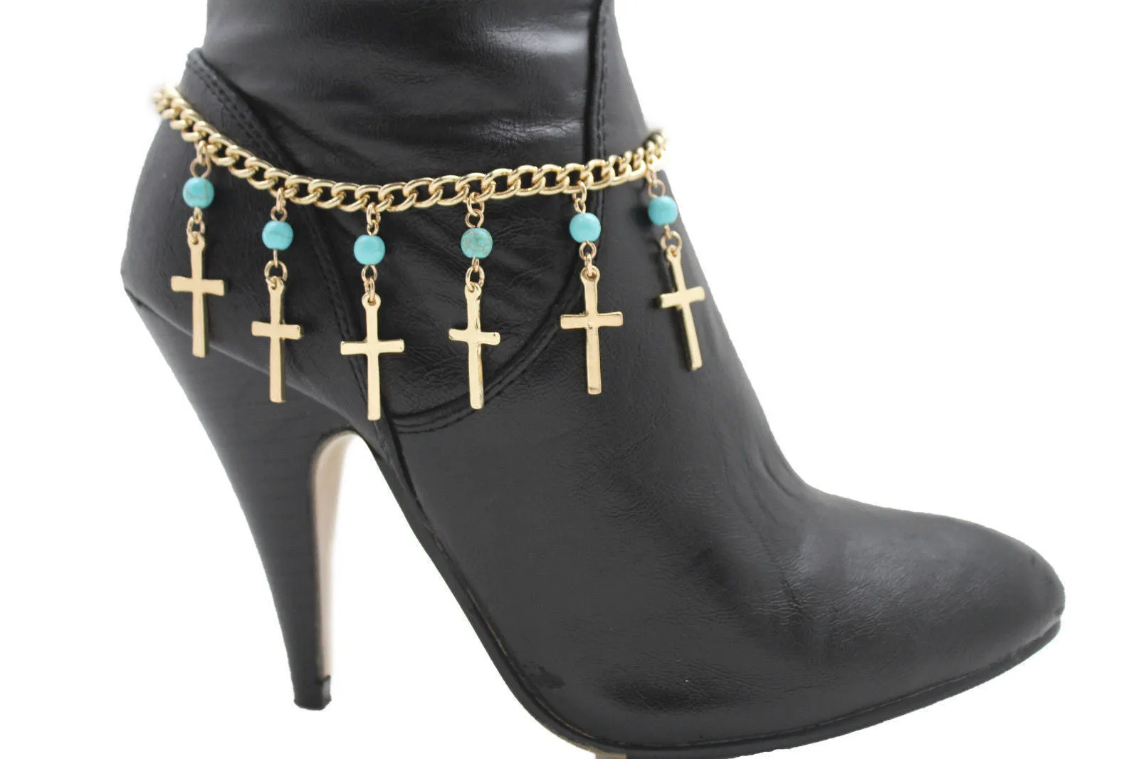 Gold Metal Turquoise Blue Crosses Anklet Shoe Charm Boot Chains Bracelet