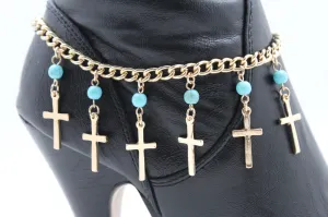 Gold Metal Turquoise Blue Crosses Anklet Shoe Charm Boot Chains Bracelet