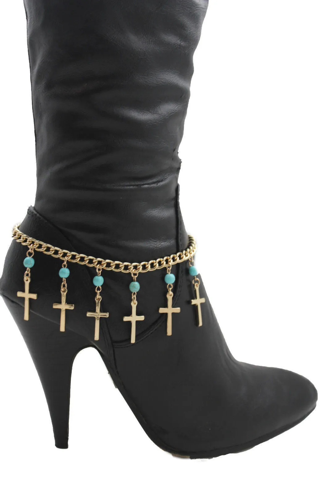 Gold Metal Turquoise Blue Crosses Anklet Shoe Charm Boot Chains Bracelet