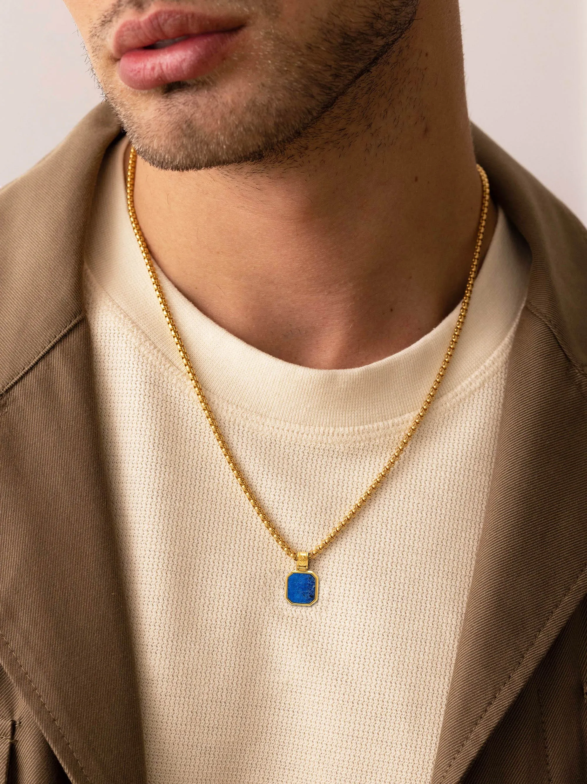 Gold Necklace with Square Blue Lapis Pendant