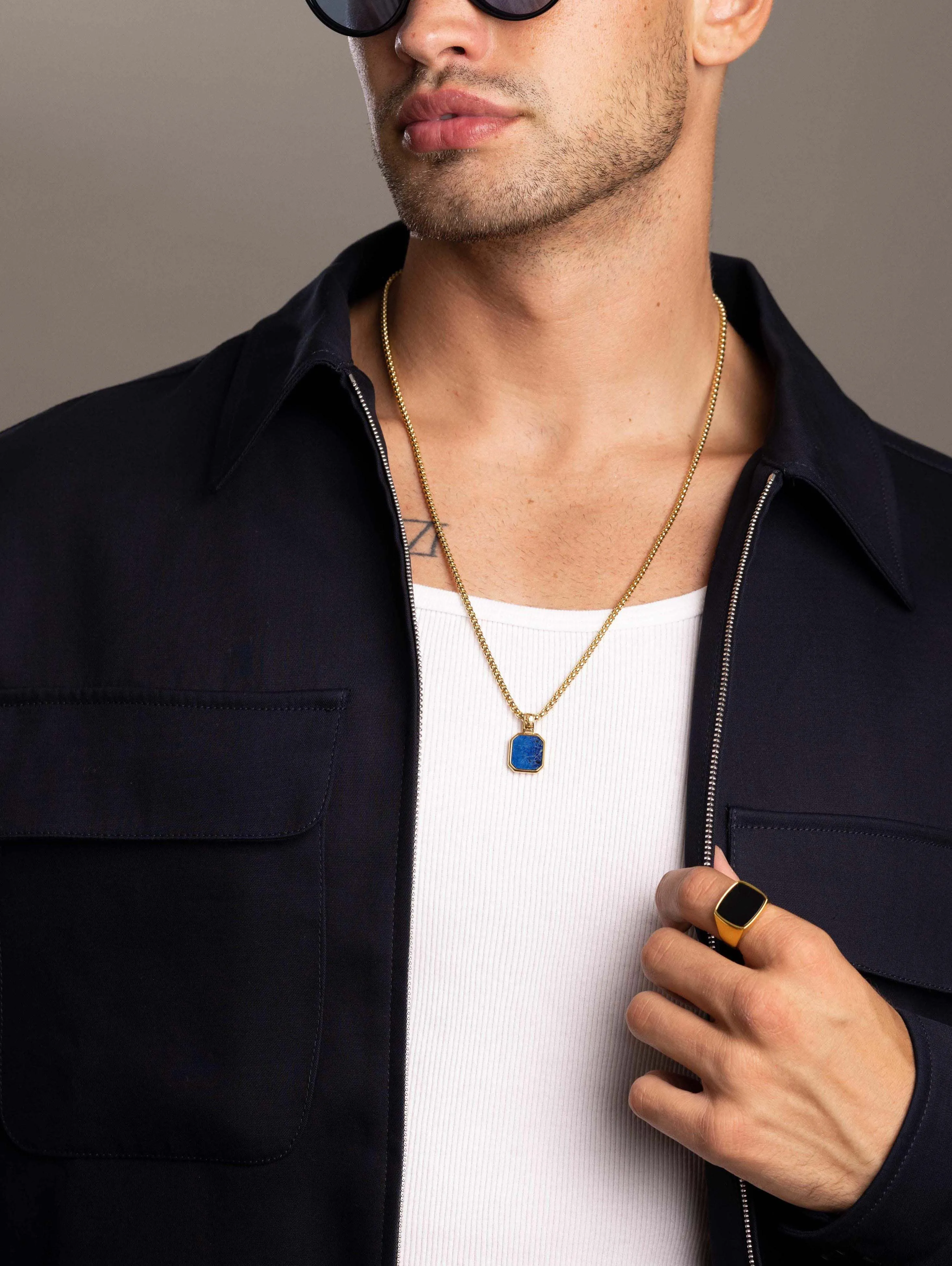 Gold Necklace with Square Blue Lapis Pendant