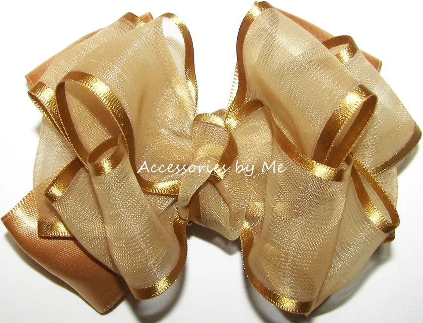 Gold Organza Satin Trim Hair Bow