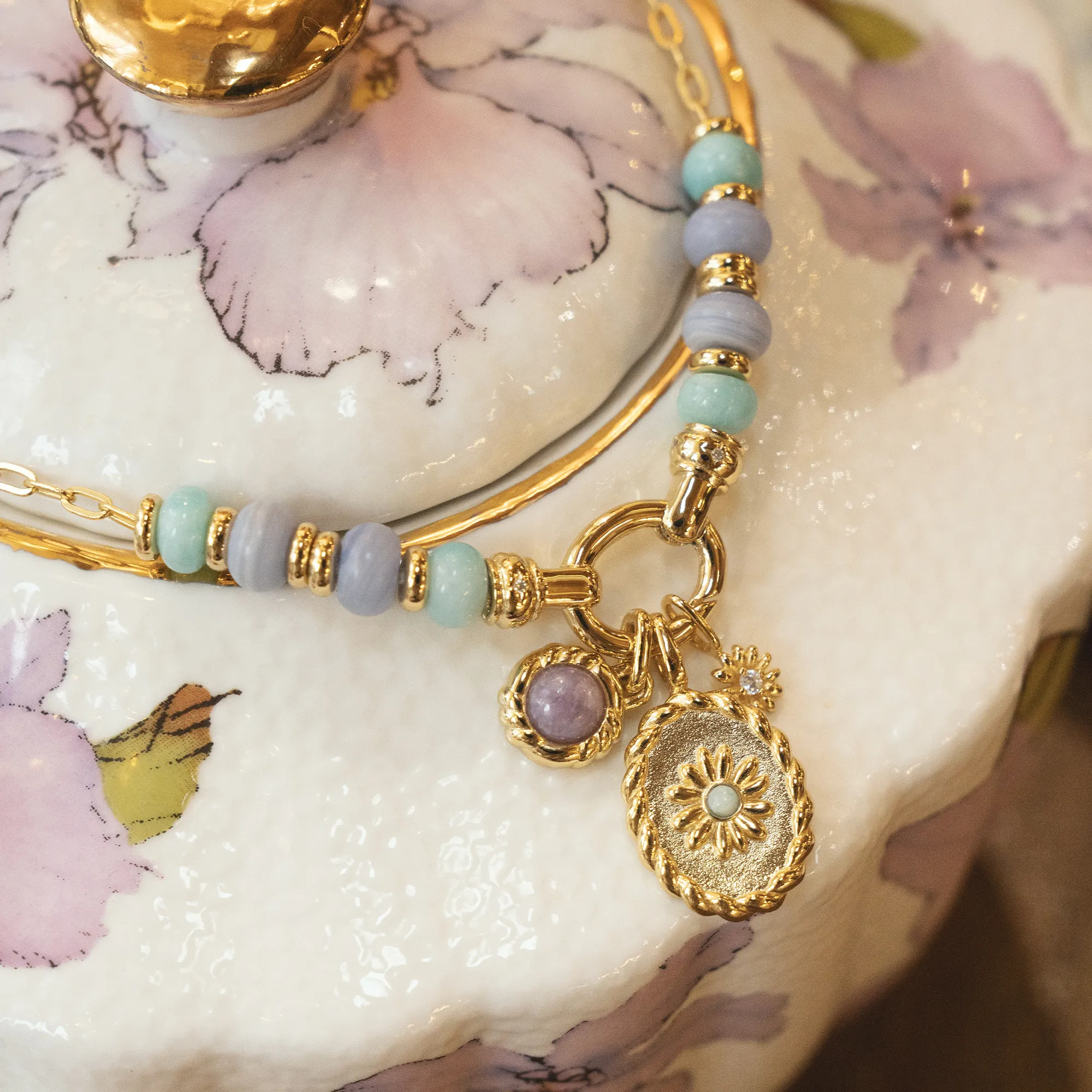 Gold Oval Amazonite Flower Charm