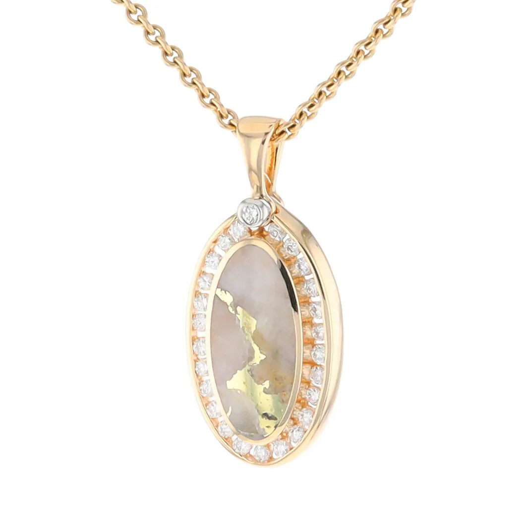 Gold Quartz Necklace .37ctw Halo Diamond Oval Inlaid Pendant