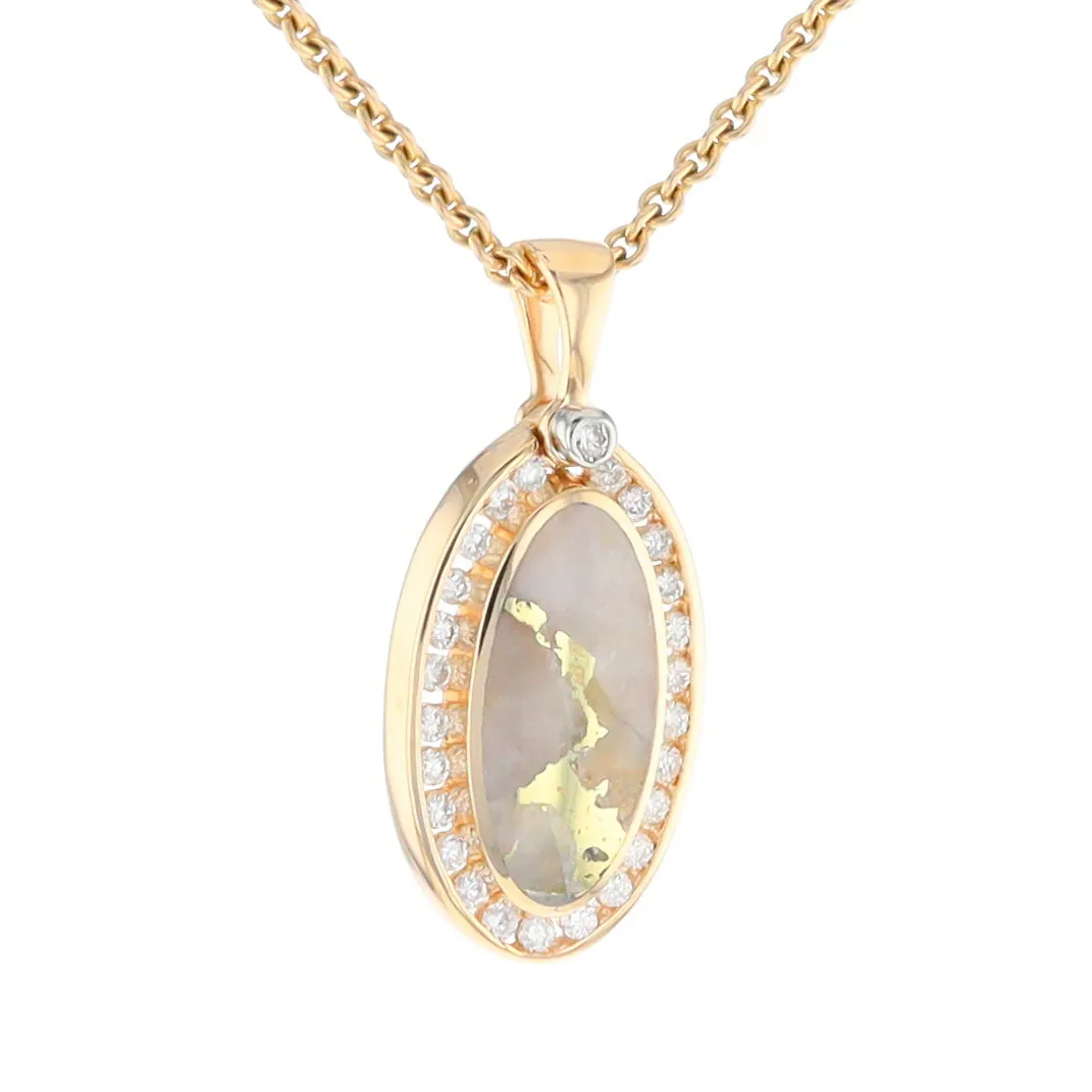 Gold Quartz Necklace .37ctw Halo Diamond Oval Inlaid Pendant