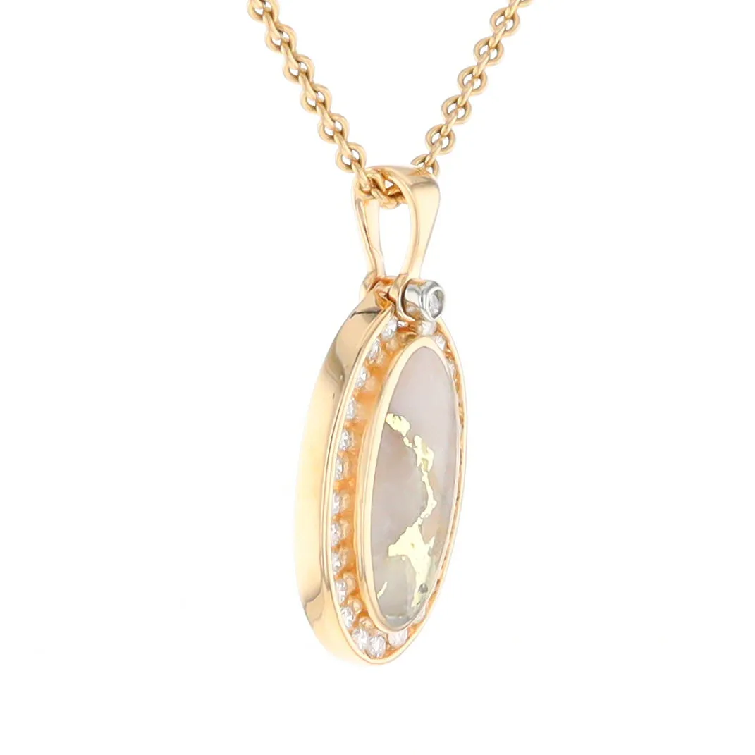 Gold Quartz Necklace .37ctw Halo Diamond Oval Inlaid Pendant