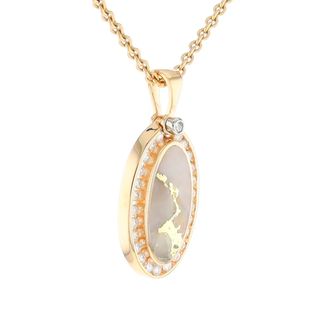 Gold Quartz Necklace .37ctw Halo Diamond Oval Inlaid Pendant