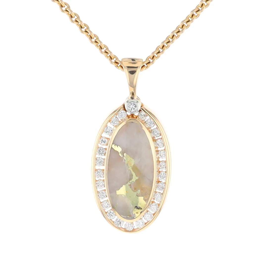 Gold Quartz Necklace .37ctw Halo Diamond Oval Inlaid Pendant