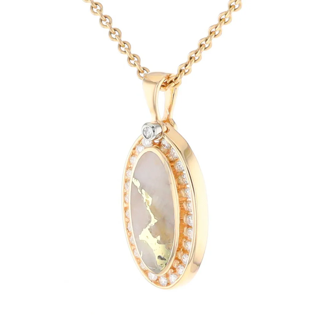 Gold Quartz Necklace .37ctw Halo Diamond Oval Inlaid Pendant