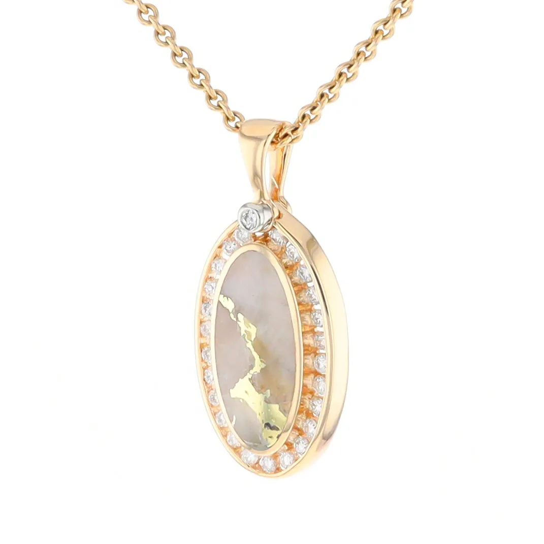 Gold Quartz Necklace .37ctw Halo Diamond Oval Inlaid Pendant