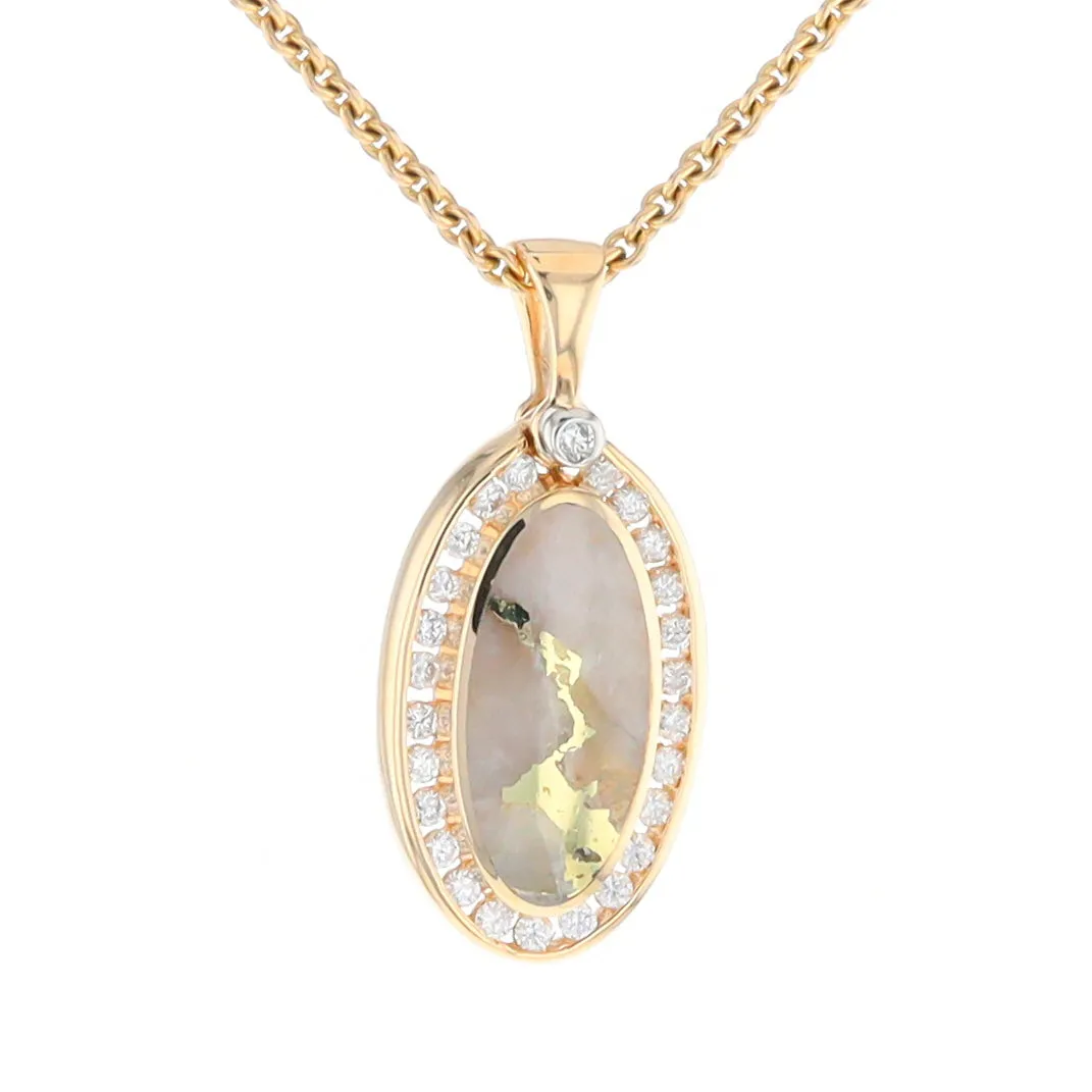 Gold Quartz Necklace .37ctw Halo Diamond Oval Inlaid Pendant