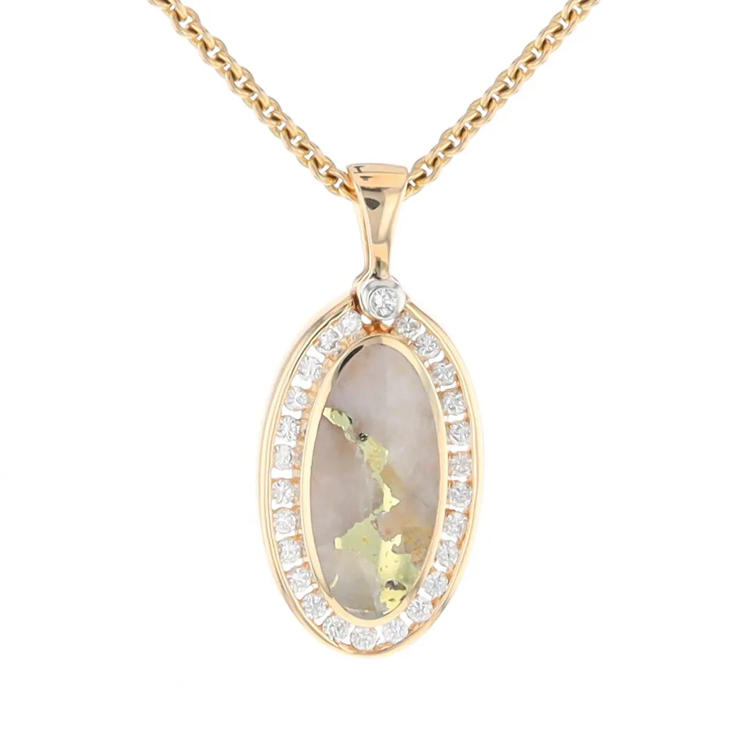 Gold Quartz Necklace .37ctw Halo Diamond Oval Inlaid Pendant