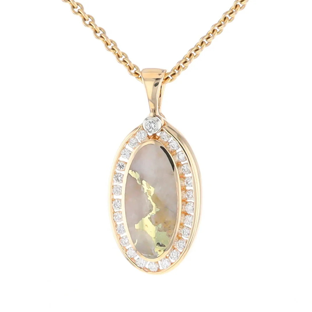 Gold Quartz Necklace .37ctw Halo Diamond Oval Inlaid Pendant