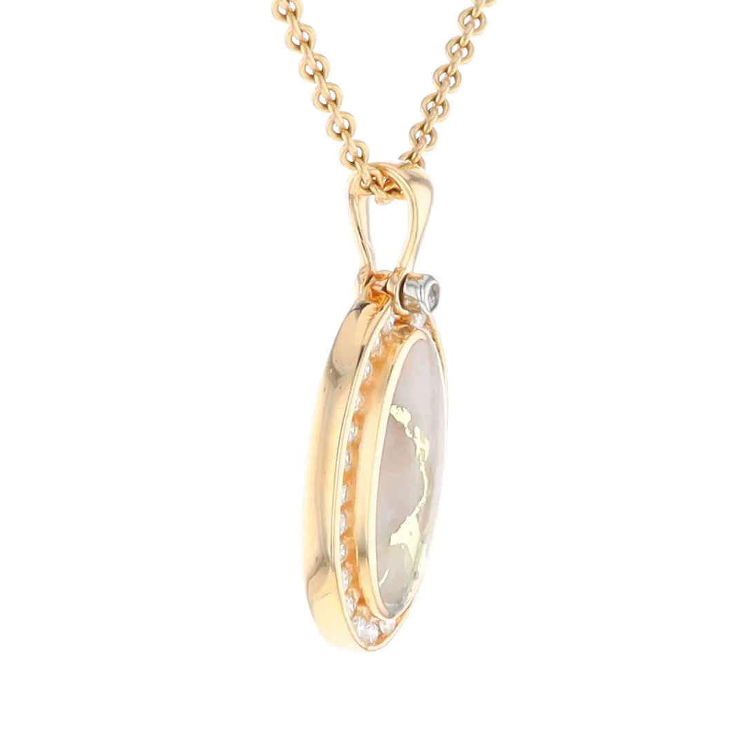 Gold Quartz Necklace .37ctw Halo Diamond Oval Inlaid Pendant