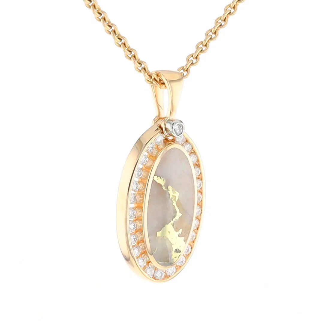 Gold Quartz Necklace .37ctw Halo Diamond Oval Inlaid Pendant