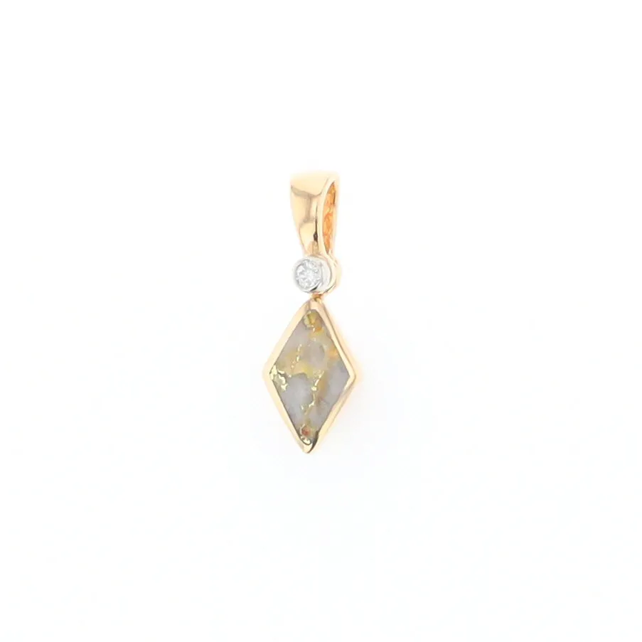 Gold Quartz Necklace Diamond Shape Inlaid Pendant with .02ct Diamond