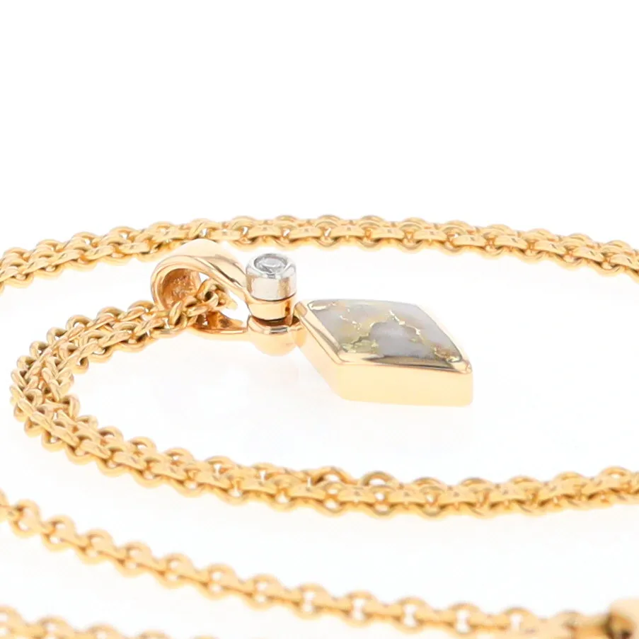 Gold Quartz Necklace Diamond Shape Inlaid Pendant with .02ct Diamond