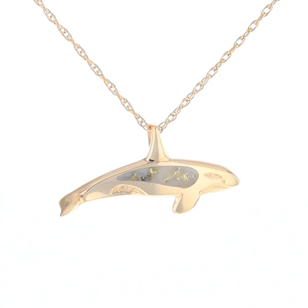 Gold Quartz Necklace Orca Killer Whale Inlaid Sea Life Pendant