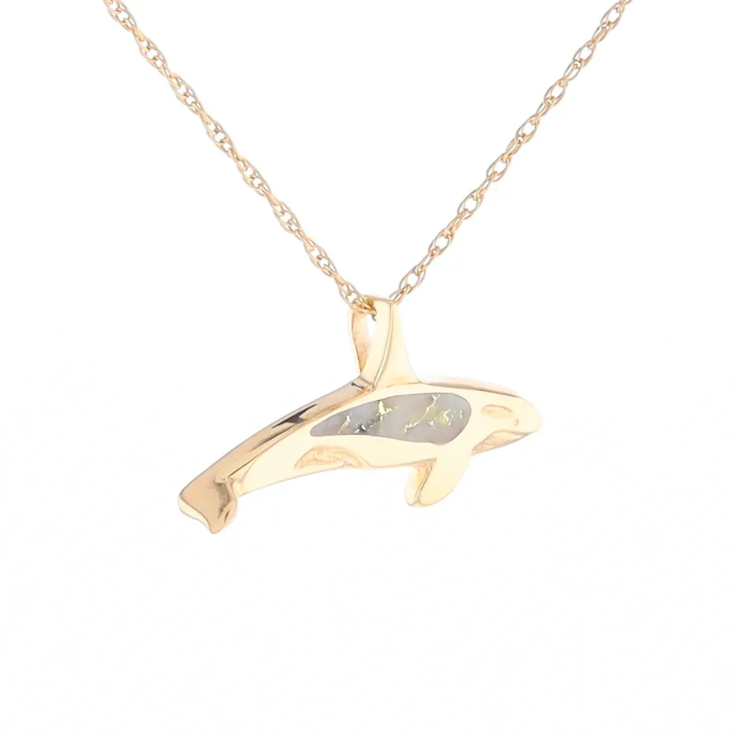 Gold Quartz Necklace Orca Killer Whale Inlaid Sea Life Pendant