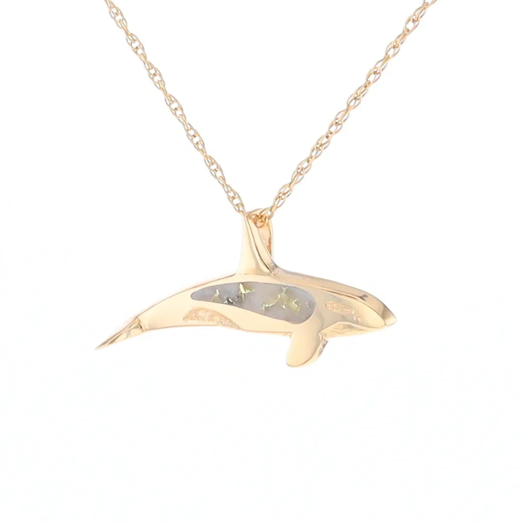 Gold Quartz Necklace Orca Killer Whale Inlaid Sea Life Pendant