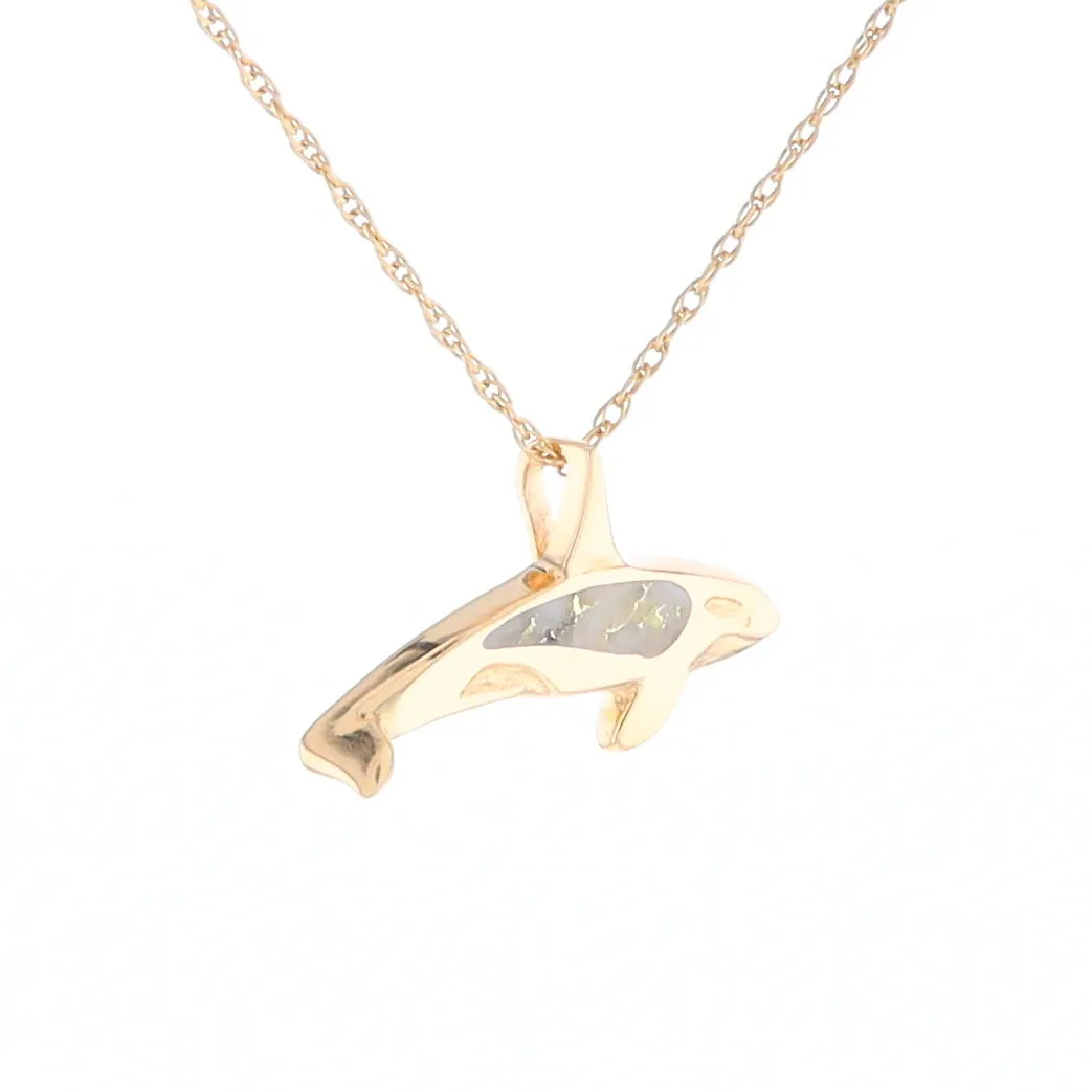 Gold Quartz Necklace Orca Killer Whale Inlaid Sea Life Pendant