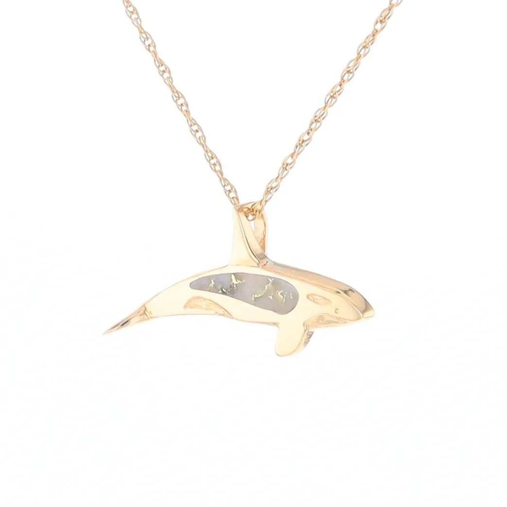 Gold Quartz Necklace Orca Killer Whale Inlaid Sea Life Pendant