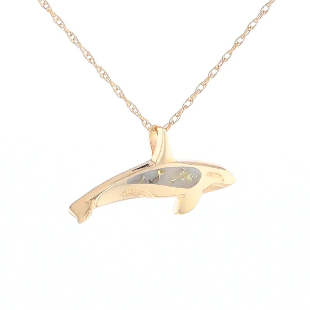 Gold Quartz Necklace Orca Killer Whale Inlaid Sea Life Pendant