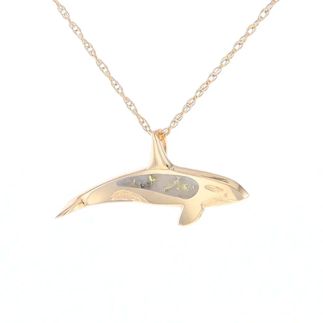 Gold Quartz Necklace Orca Killer Whale Inlaid Sea Life Pendant