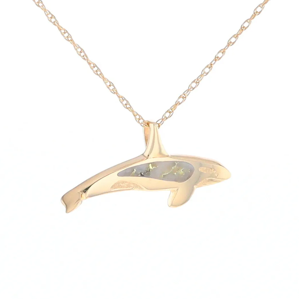 Gold Quartz Necklace Orca Killer Whale Inlaid Sea Life Pendant