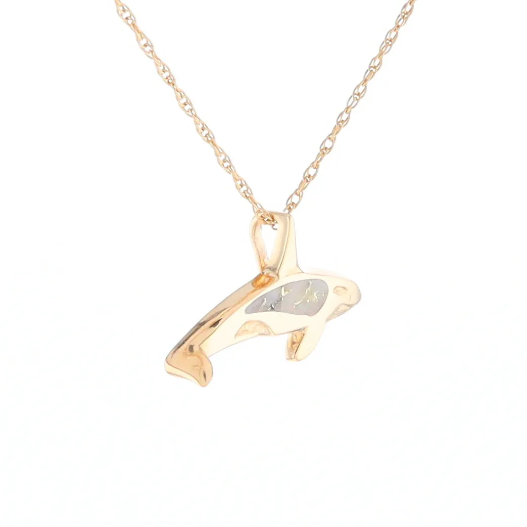 Gold Quartz Necklace Orca Killer Whale Inlaid Sea Life Pendant