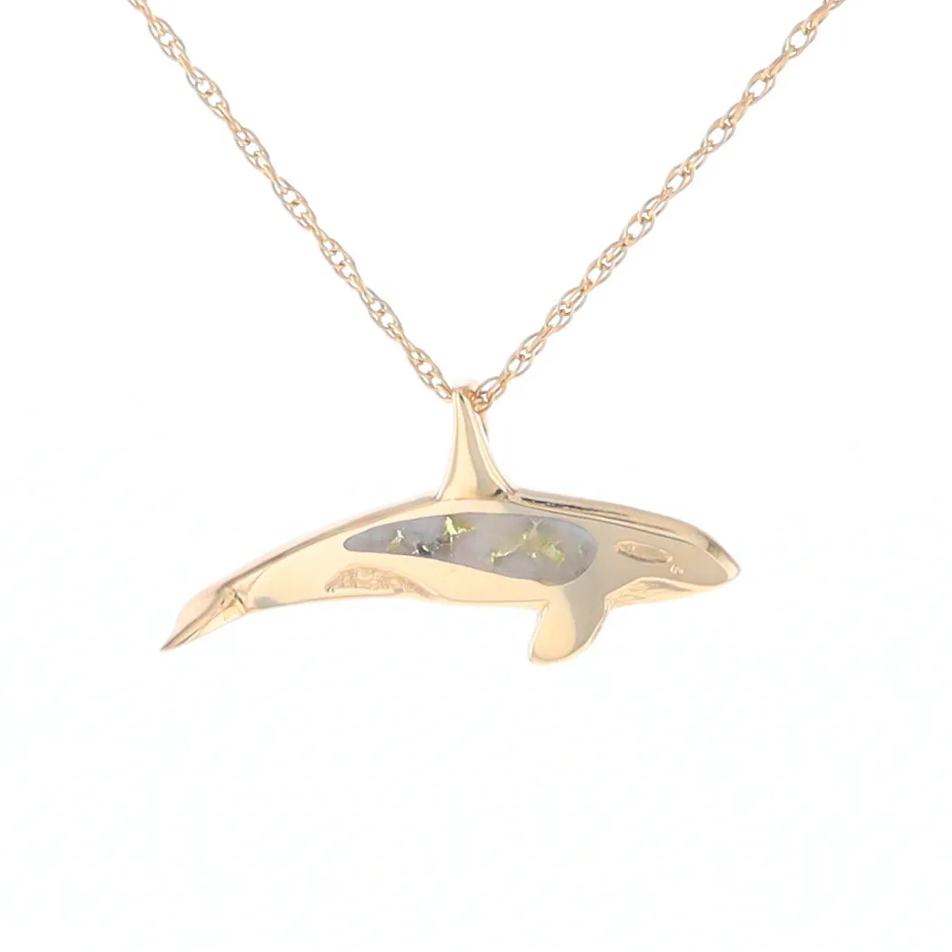 Gold Quartz Necklace Orca Killer Whale Inlaid Sea Life Pendant