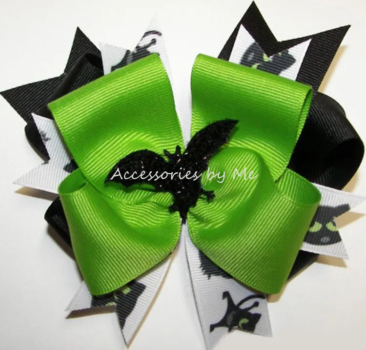 Halloween Lime Green Black Bat Hair Bow