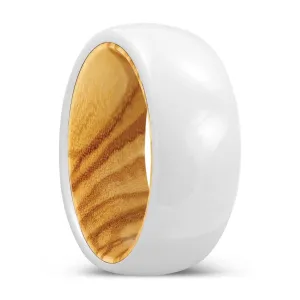 HARVEST | Olive Wood, White Ceramic Ring, Domed