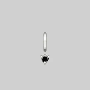 HEART & SOUL. Black Spinel Dangly Heart Hoop Earrings - Silver