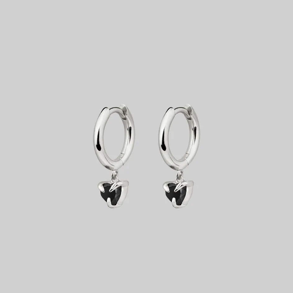 HEART & SOUL. Black Spinel Dangly Heart Hoop Earrings - Silver