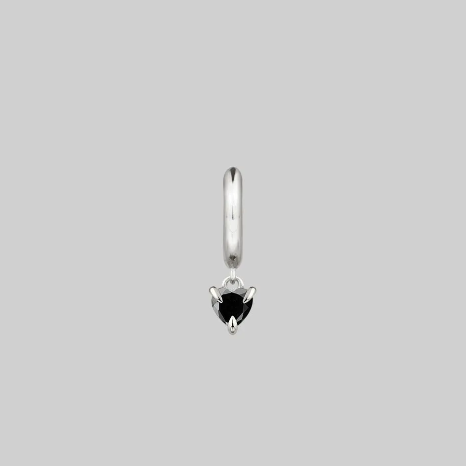 HEART & SOUL. Black Spinel Dangly Heart Hoop Earrings - Silver