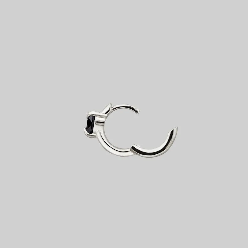 HEART & SOUL. Black Spinel Heart Hoop Earrings - Silver