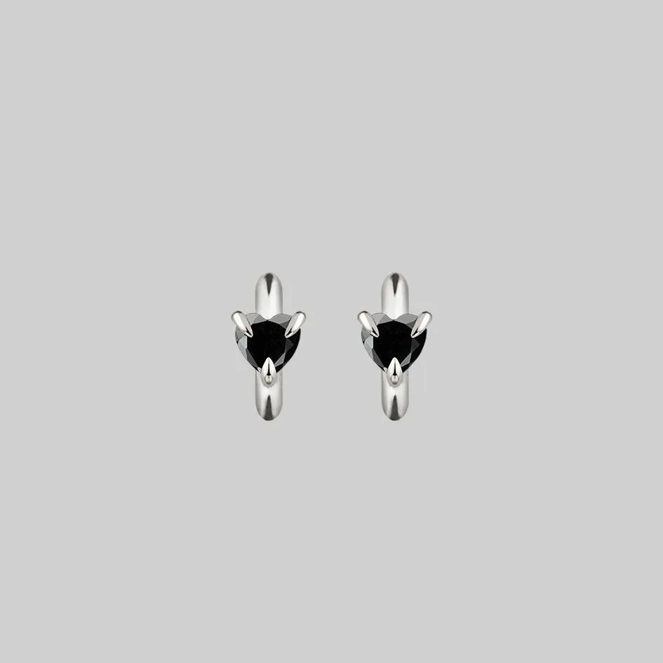 HEART & SOUL. Black Spinel Heart Hoop Earrings - Silver