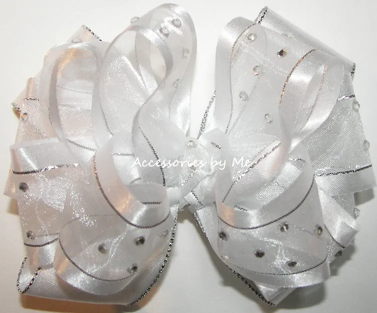 High Glitz Pageant White Silver Hair Bow