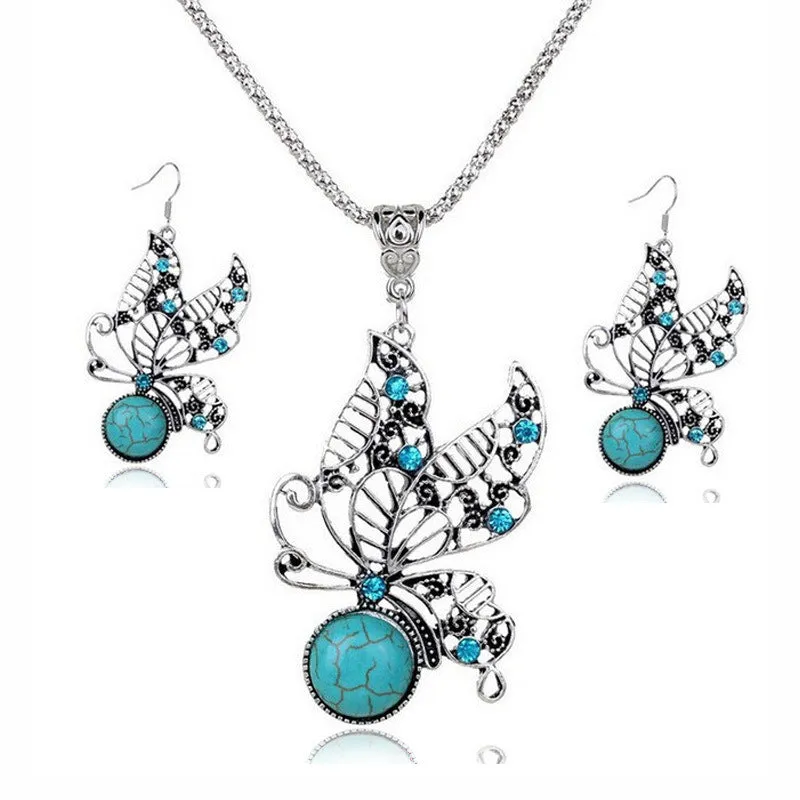 Hollow Turquoise Necklace Retro Earrings