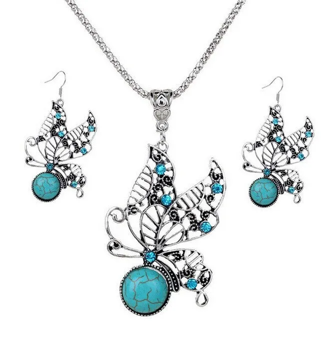 Hollow Turquoise Necklace Retro Earrings