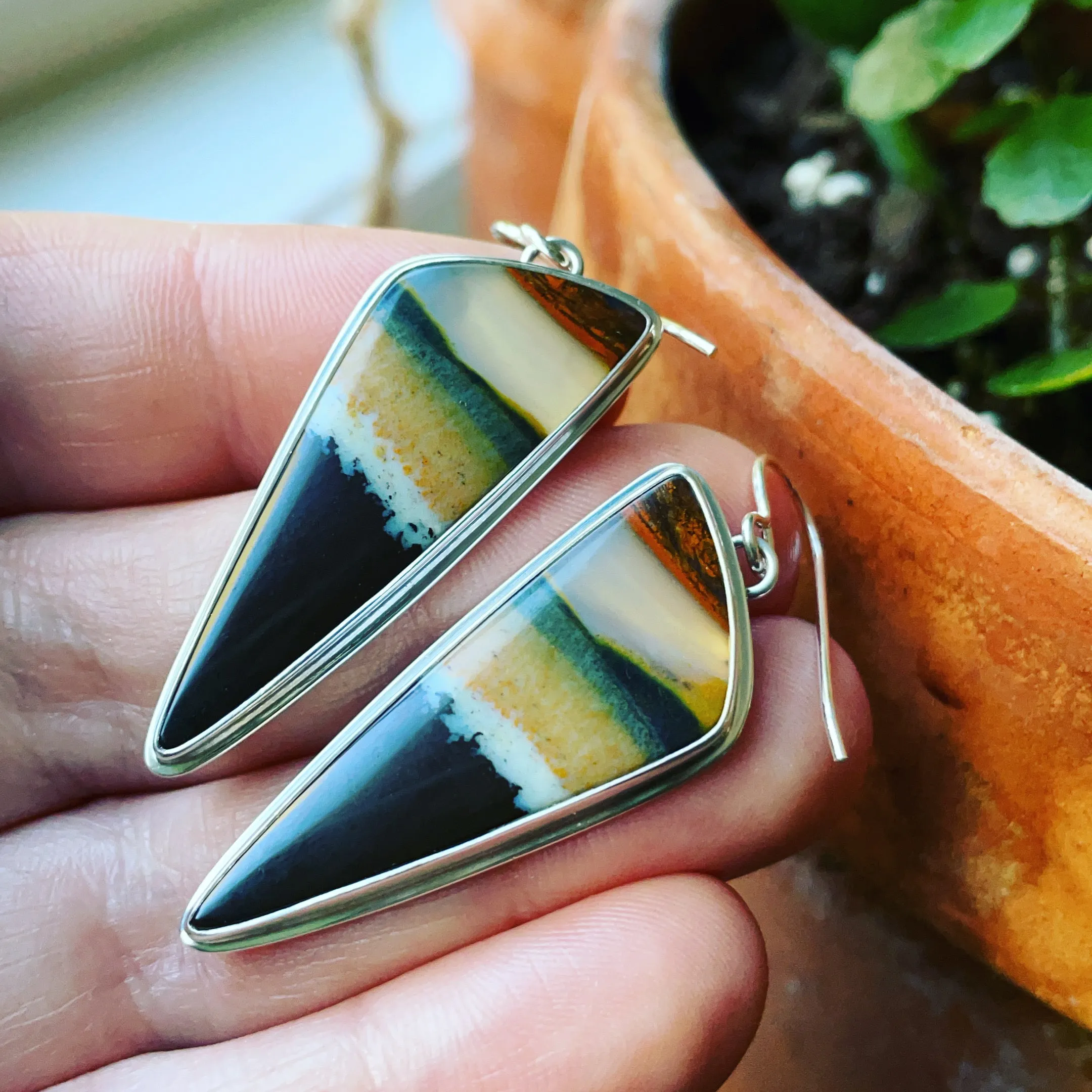 Indonesian Opalized Wood and Sterling Silver Earrings