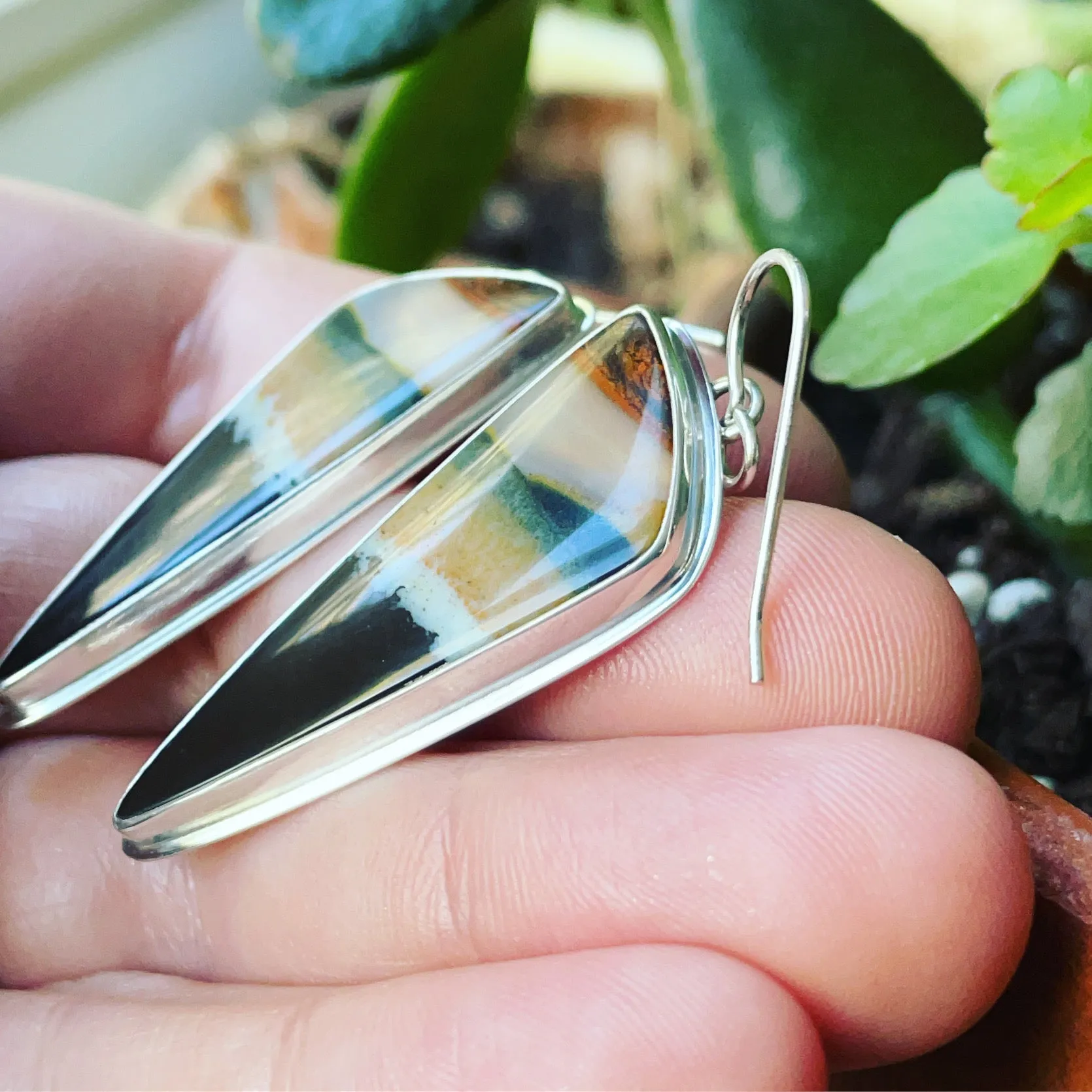 Indonesian Opalized Wood and Sterling Silver Earrings