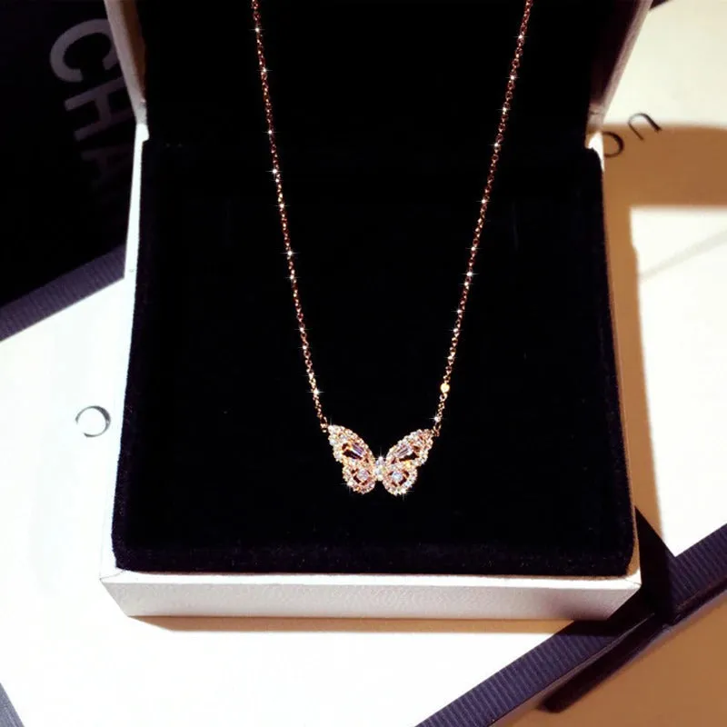 Intricate and Ultra-Feminine Zircon Butterfly Pendant Necklaces