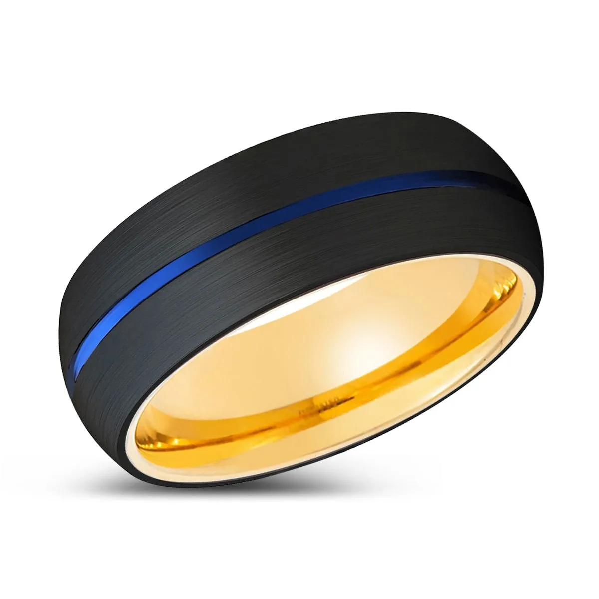 JUNIPER | Gold Ring, Black Tungsten Ring, Blue Groove, Domed